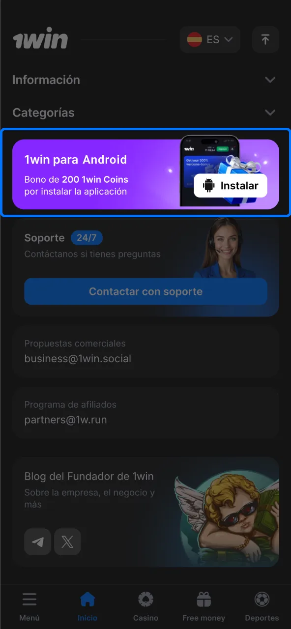 Instala 1win en Android con un clic.